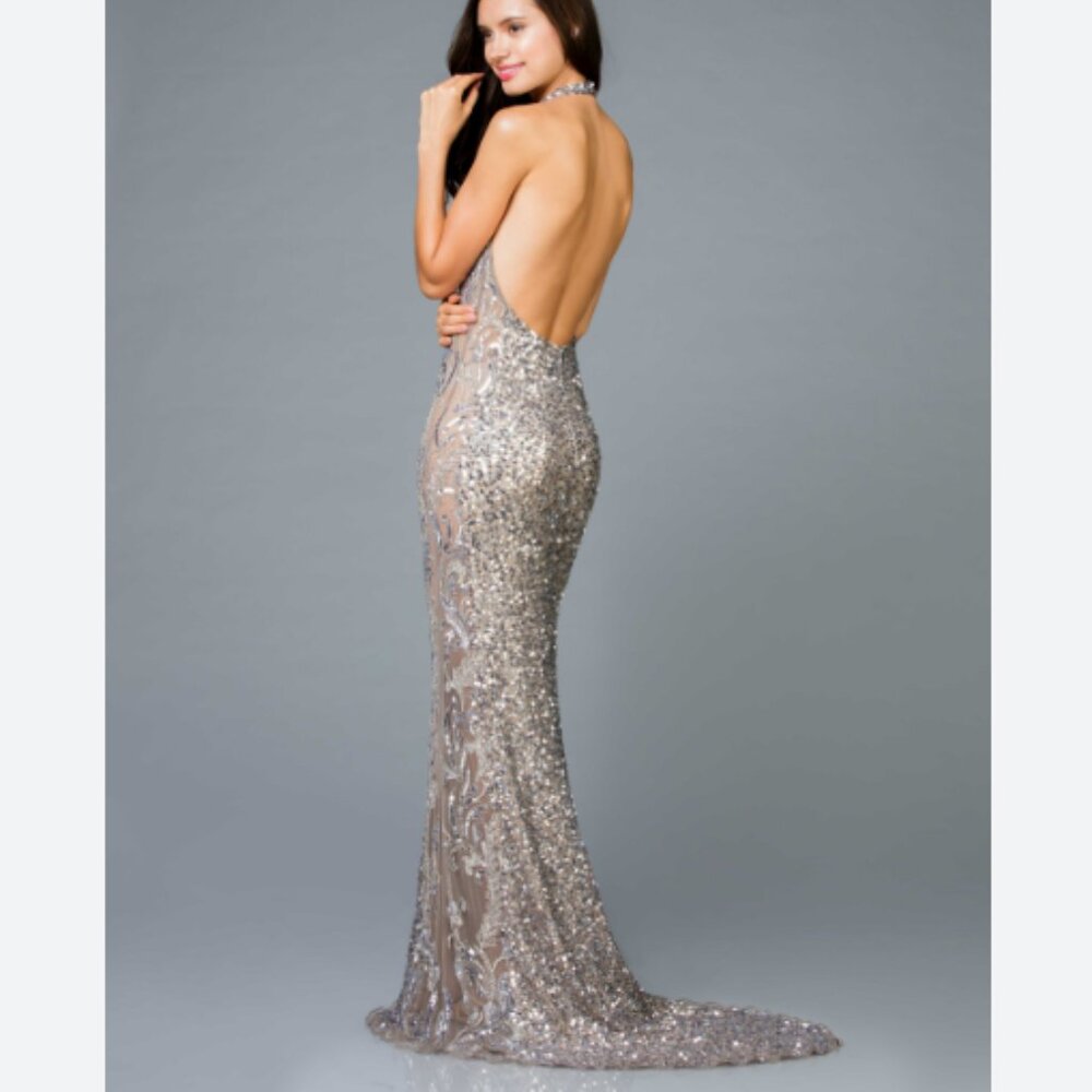 Scala 48959 Sequin Beaded Halter Gown Lead Silver Gunmetal Size 0